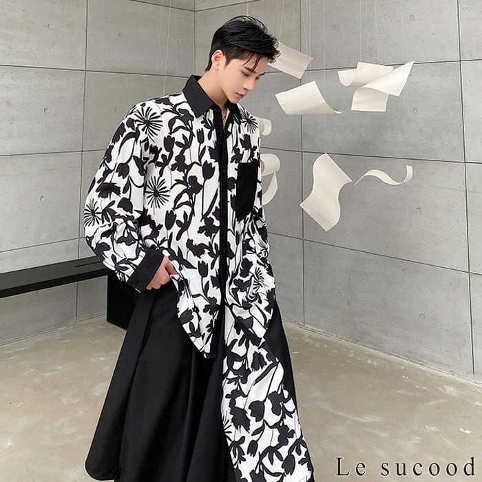 【極美品】CHONO 長袖シャツ 総柄 フラワー ホワイト ブラック Le sucood】【お支払い確認後20日以内発送】 モノクロフラワー長袖
