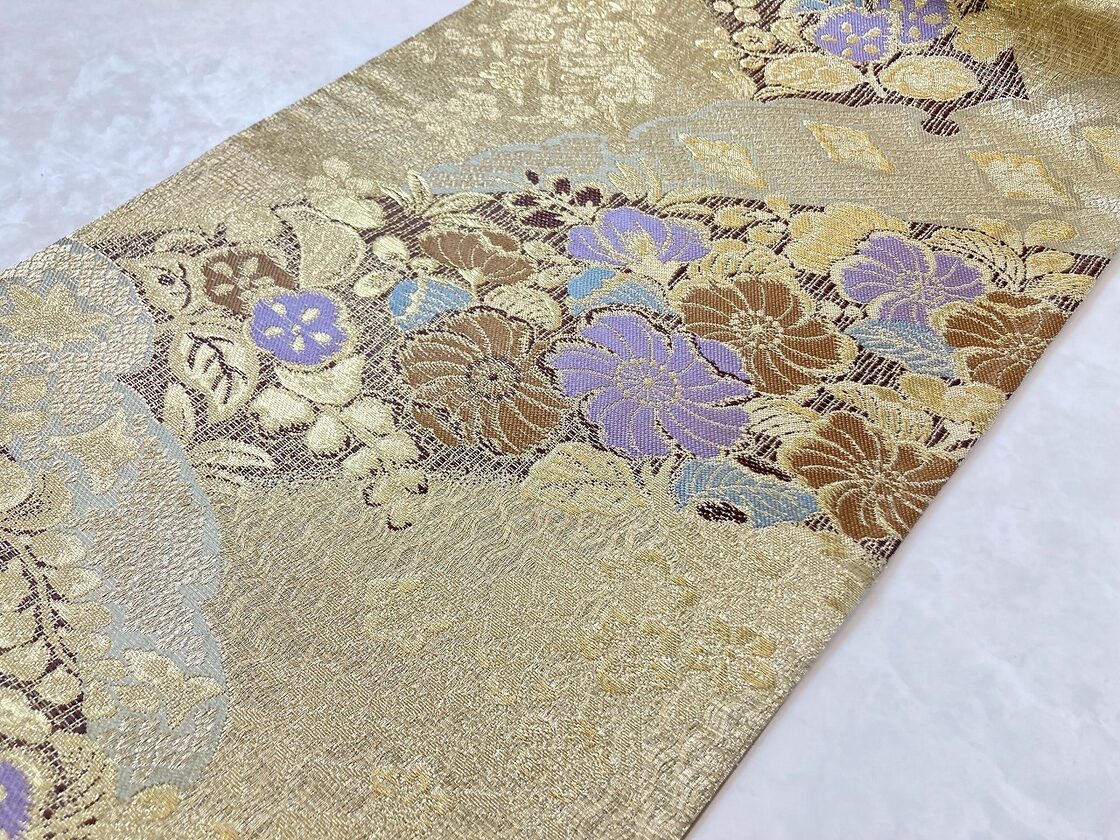 3シーズン】辻が花 袋帯 正絹 金糸 シャンパンゴールド 紫 茶 水色 517 