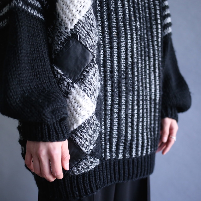 diamond leather patchwork and switching pattern low gauge knit sweater