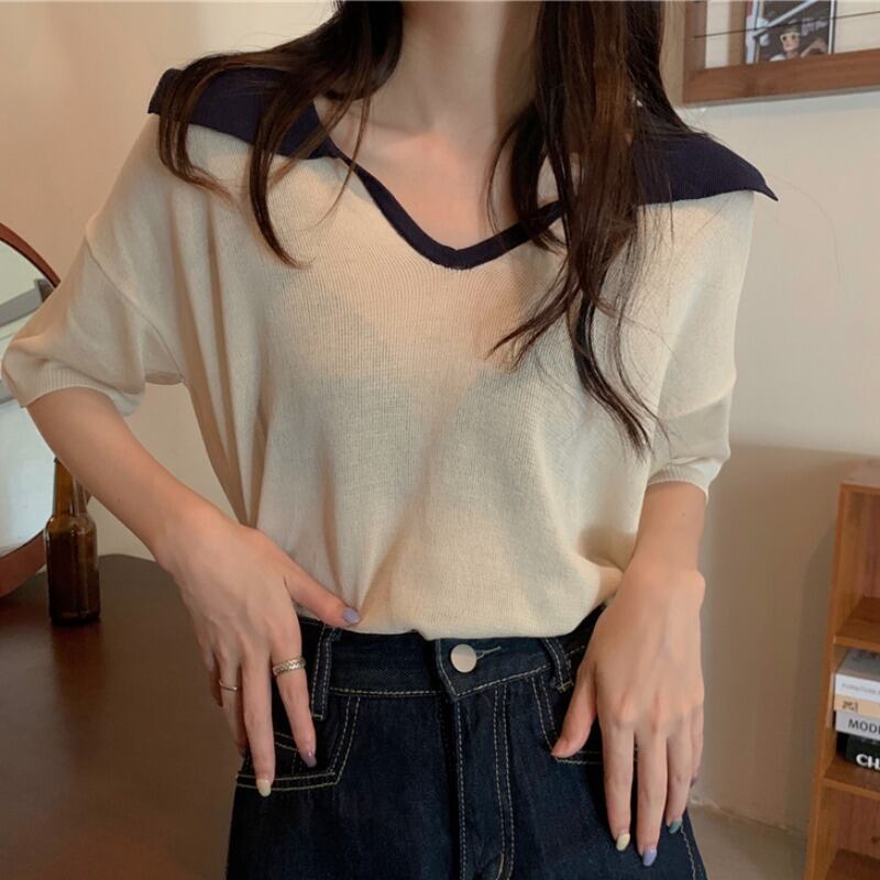薄手ニットセーター スタイル半袖スリーブソリッド カラールーズブラウス レディース ショート ハーフスリーブ ソリッドカラー ハンチェンe77324242435