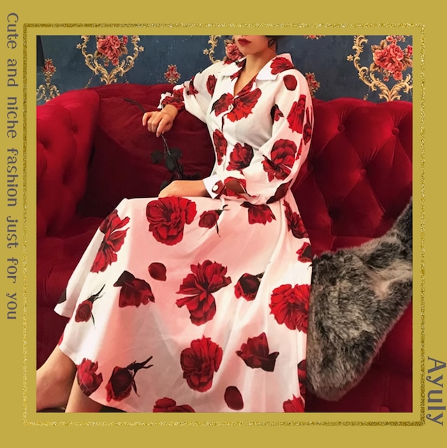 フラワープリントシャツロングワンピース　25367