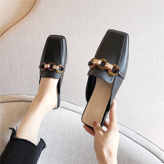 包頭ハーフスリッパ女性アウター2020春新入生英国風ワイルドスクエアヘッドフラットミュール 部族の婦人靴1796706