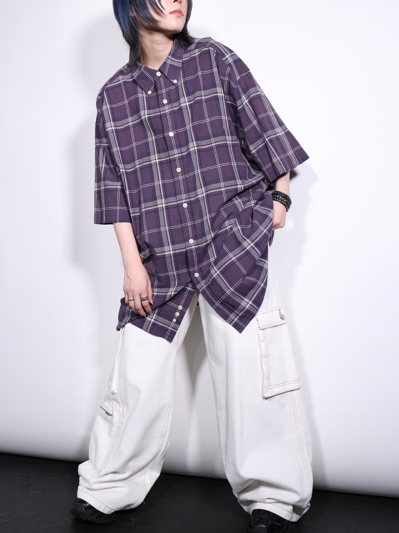 "Eddie Bauer" purple color block check over silhouette s/s shirt - 2