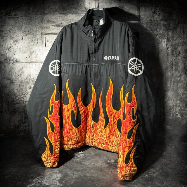 YAMAHA フレイム　ライダースジャケット　バイカージャケット　黒×赤ファイアー　刺繍ロゴ　ヤマハ