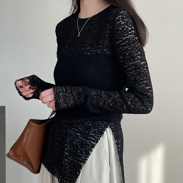 side-slit sheer crew neck top L0138