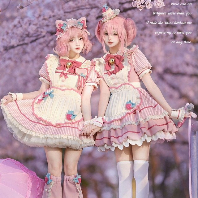 イチゴストライプメイドワンピース：小物ありセット(Aタイプ)