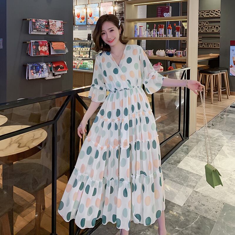 【新作】【送料無料】 マタニティウェア2020夏の新しいファッションシフォン水玉Vネックドレスミドル丈ファッション授乳スカート-アリババ サマー 夏物 expec299144195898