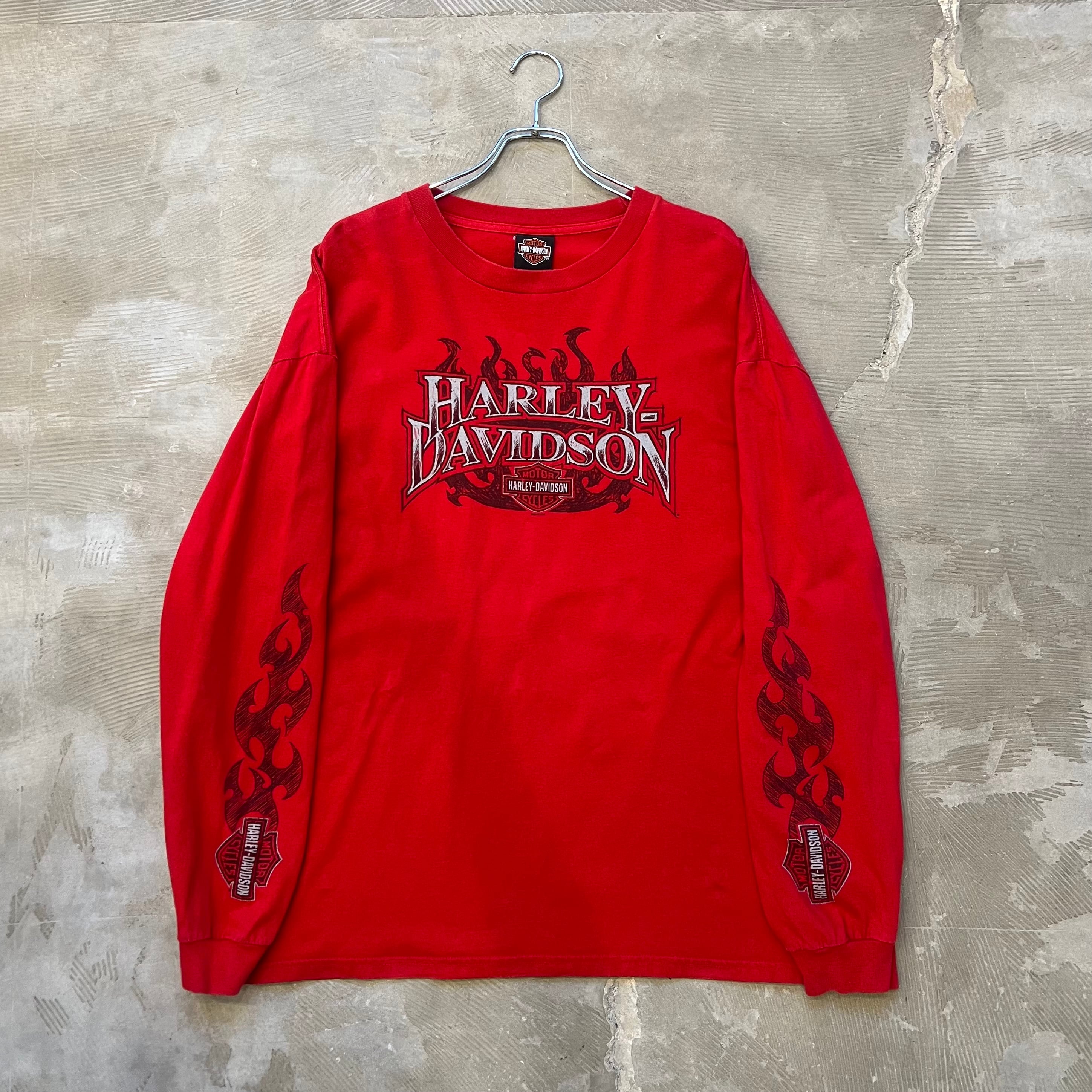 G【人気の両袖プリ❗️ファイヤーパターン❗️HARLEY-DAVIDSON】ハーレーダビッドソン　ロングスリーブTシャツ　袖プリント　2XLarge  230831 | skrova powered by BASE