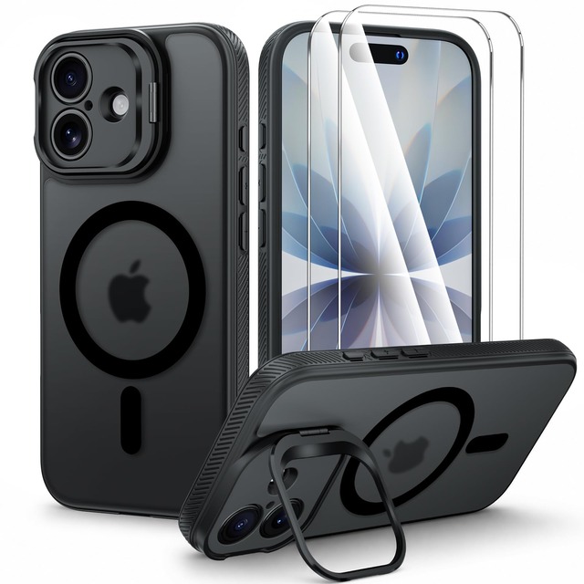 Bruzaio iPhone 17 用 ケース 隠しスタンド 調整可能 A2ブラック レンズ保護 Magsafe対応 あいふおん17 ケース