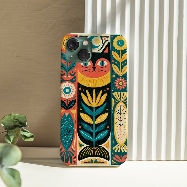 受注生産 iPhoneケース 黒い葉と花のサイケ民芸｜ボタニカル PSYF003B