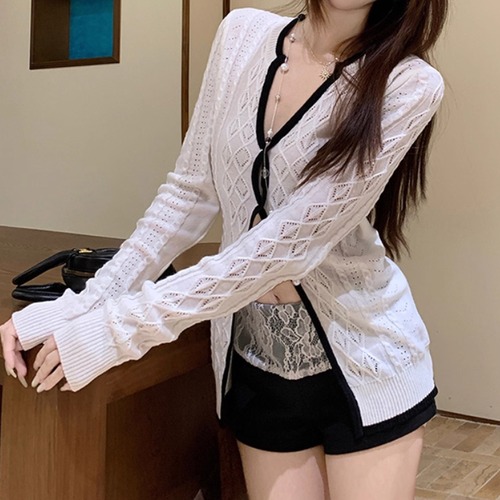 【2点セット】パイピング透かし編みニットカーデ＋レースディテールショーパン ・71893