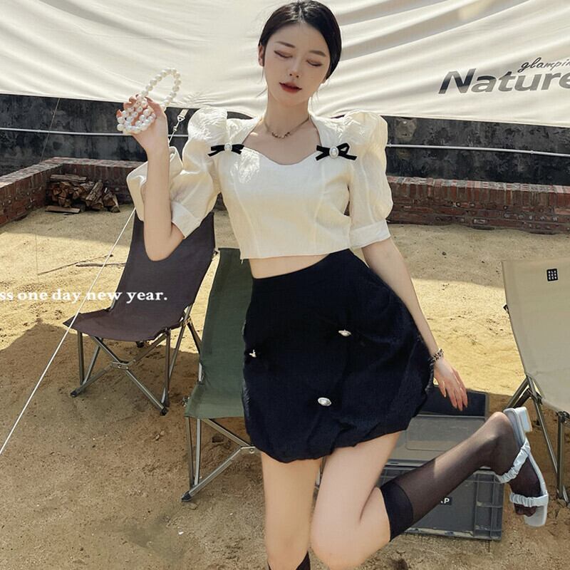 スリーブジャカードブラウス Flowerデザイン ショートスカート パンツ サマー ストリート 大人ガーリー スウィート キュート カジュアル 夏物 フラワーデザイン スクウェア ガールズファッション49877611859