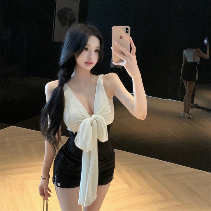 【tops】リボン付きドッキングトップス M32903