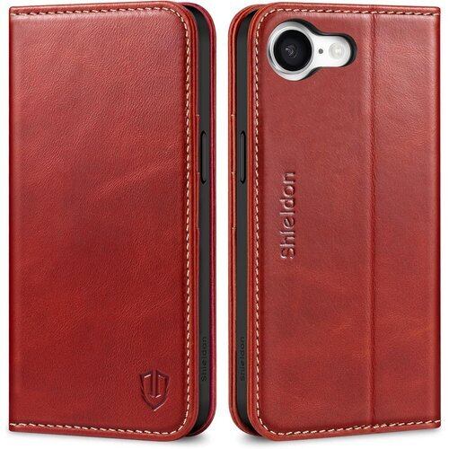 SHIELDON iPhone 16e対応ケース 本革 手帳型 アイホン16e用 スマホカバー 衝撃吸収 TPU素材 カード収納 横置きスタンド機能 マグネット内蔵 RFIDブロッキング 全面保護 あいふぉん16e 対応スマホケース 2025年発売 6.1インチ 5G レトロレッド 3025