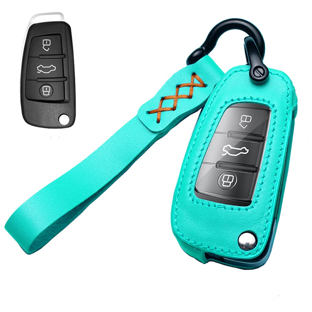 キーケース アウディ用 スマートキーケース キーカバー 3ボタン 本革 レザー アウディ 専用設計 Audi 新型 A1 A3 A6 Q2 Q3 Q7 TT TTS R8 S3 S6 RS3 等に適用 手触りいい 汚れ 滑り 傷 防止 オシャレ リモコン キーホルダー (グリーン)