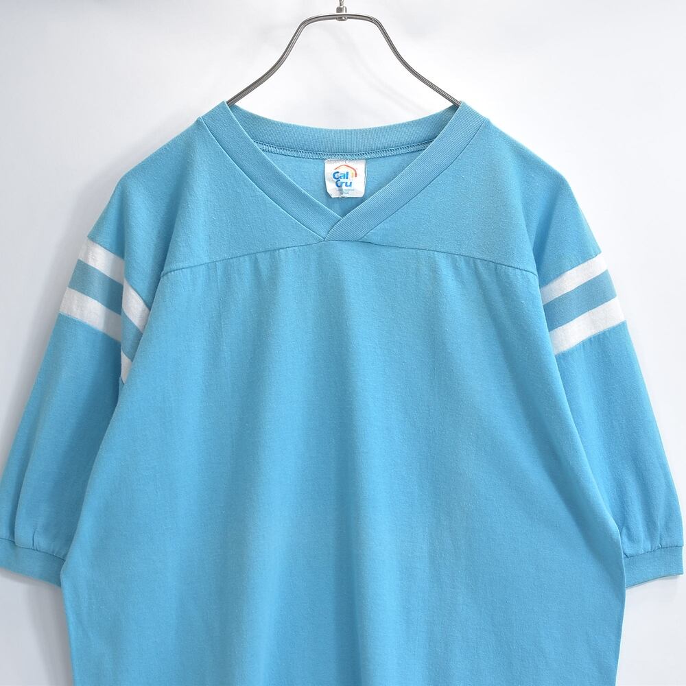 80s 90s Cal Cru カルクルー 2ライン Vネック フットボールTシャツ 半袖 ハーフスリーブ 無地 サックスブルー USED ヴィンテージ ビンテージ 古着 メンズ L