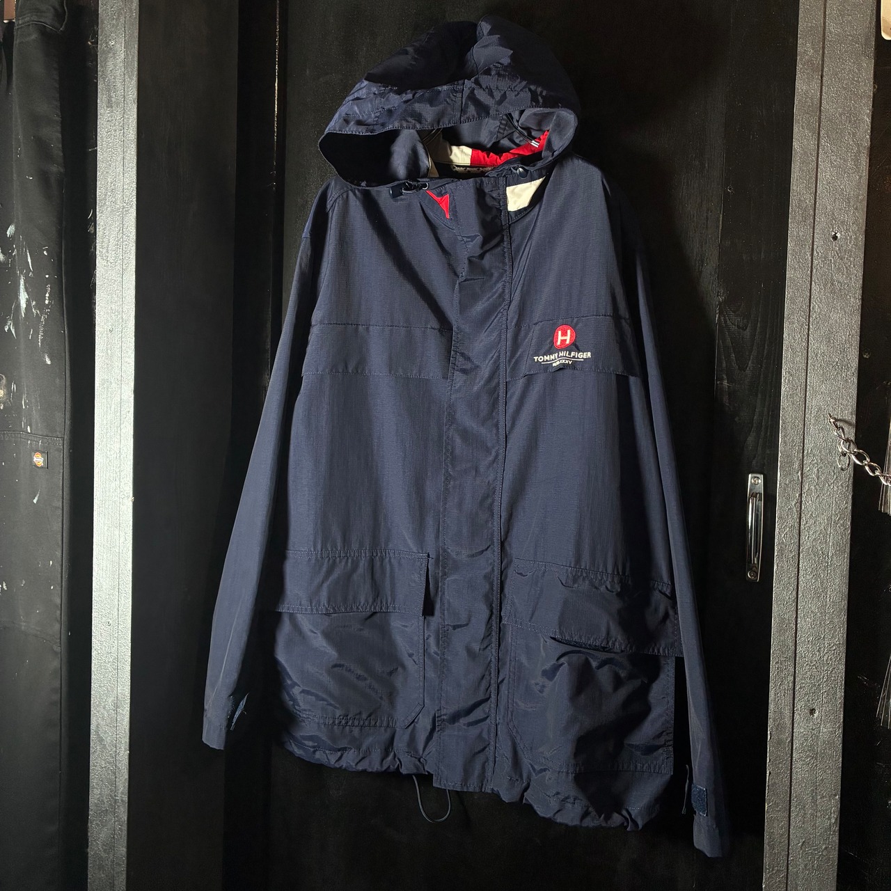 90s TOMMY HILFIGER ナイロンマウンテンパーカー ネイビー リップストップ ミドル丈 ドローコード