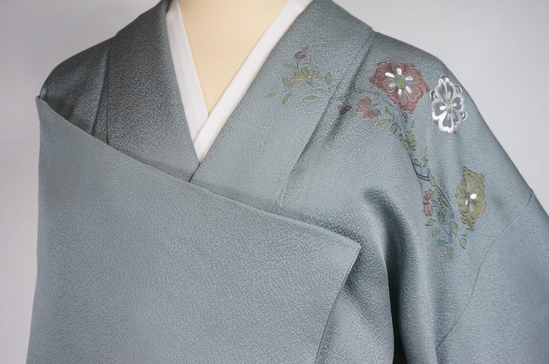 汕頭刺繍 蘇州刺繍 訪問着 スワトウ 華紋 正絹 深川鼠 青緑 グレー 605 