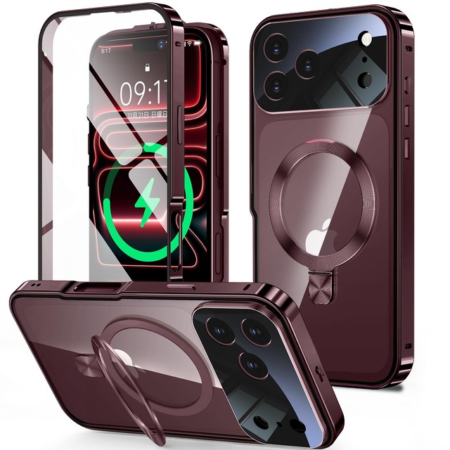 HGUTREY【スタンド機能付き・アクションボタン】iPhone18 Pro Max 用 ケース 両面 ロック付き 一体型レンズ保護(バーガンディ)