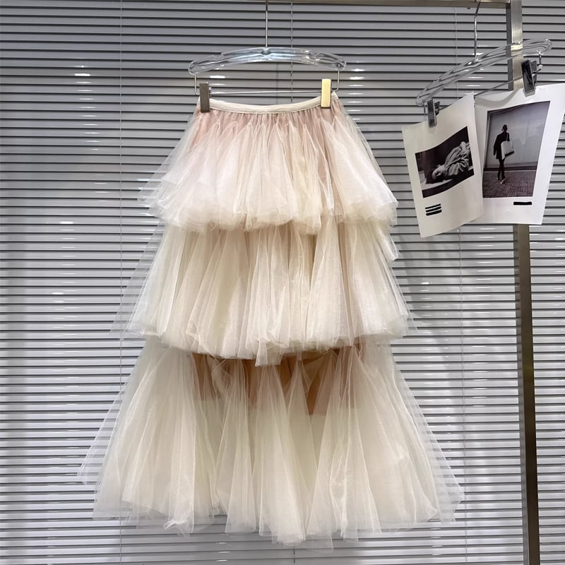 【bottoms】チュールロングティアードスカート Q7744