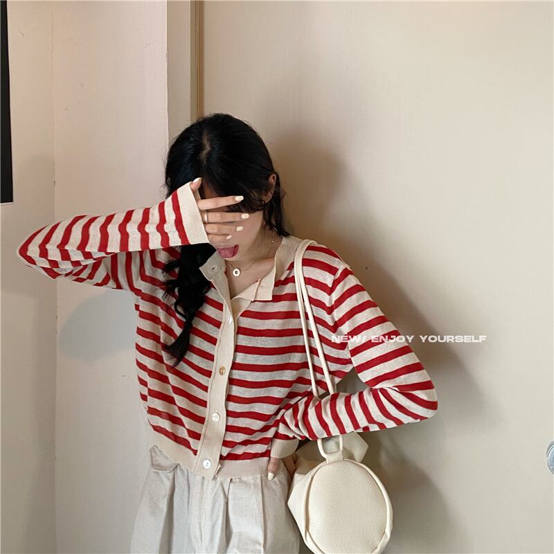 ニットセーター レディースルーズストライプショートレッドトップス スプリングカーディガンジャケット 春物 ブラックストロベリース72453391328