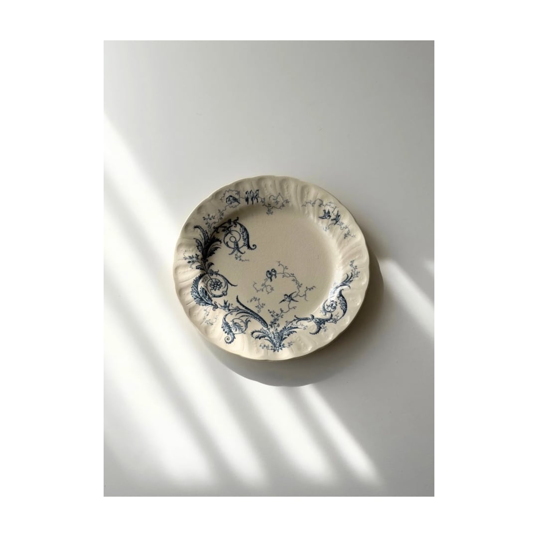 Gien ジアン / “RINCEAUX” blue 唐草と小鳥のデザートプレート c