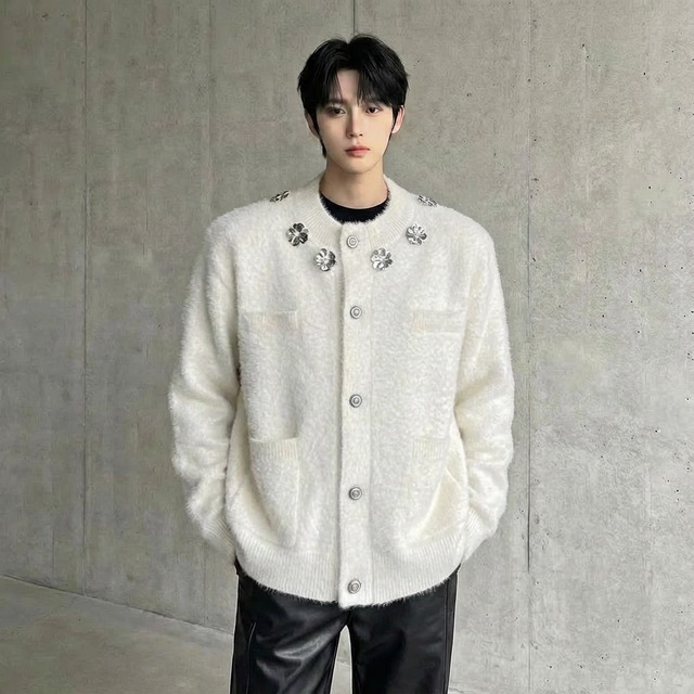 フラワーモチーフ シャギーニットカーディガン 2カラー D12022