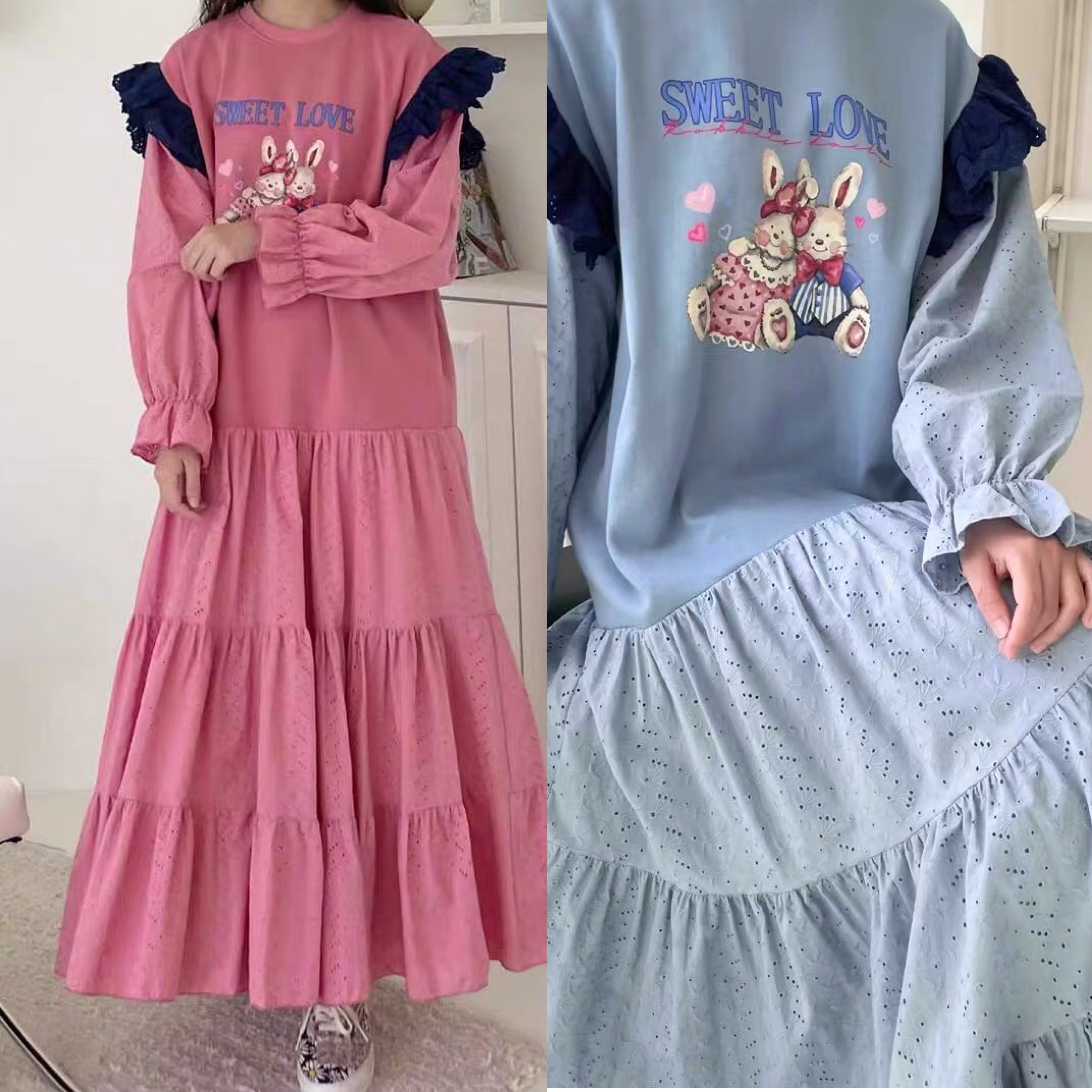 ワンピース ピンク 水色 うさぎ ワンピース 花柄 エレガント ゆったり