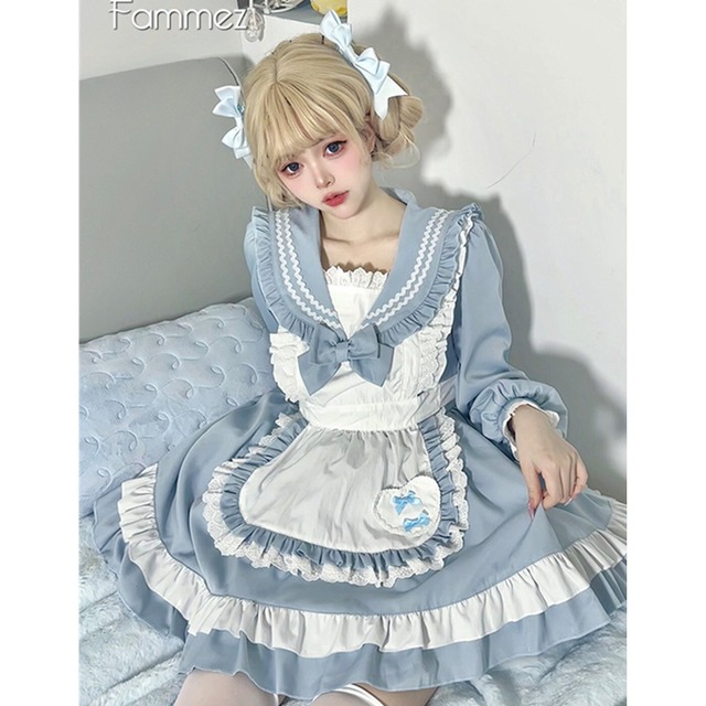 （3点セット）Lolita メイド服 セーラー ブルー ピンク コスプレ ワンピース82855462