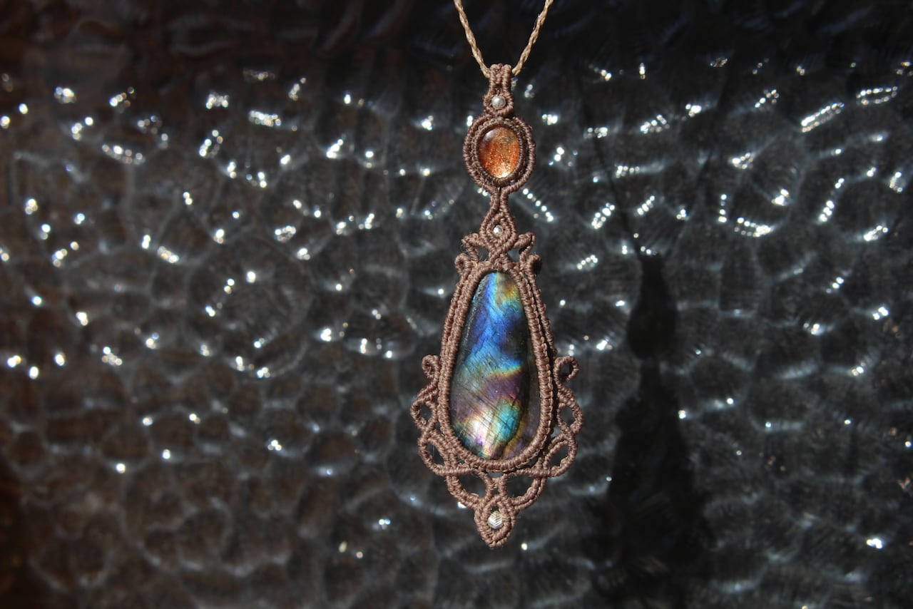 Multi Purple Labradorite & Sunstone micro macrame pendant