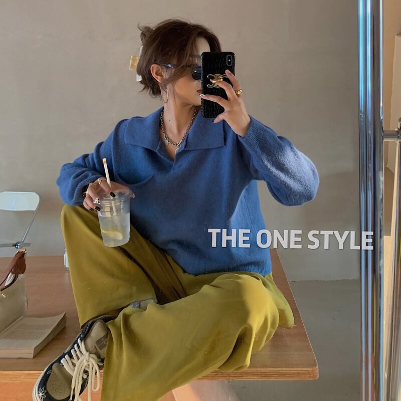 ポロカラーブルールーズ長袖セータートップレディース2020秋新作アウターウェアやさしい風セーター ブラックストロベリース9321193240