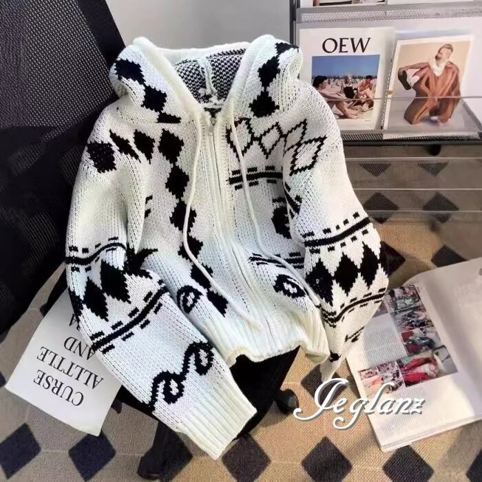 2色 ニット パーカー フーディ フード付き ジオメトリック ジップ (MA840)σ,ς*