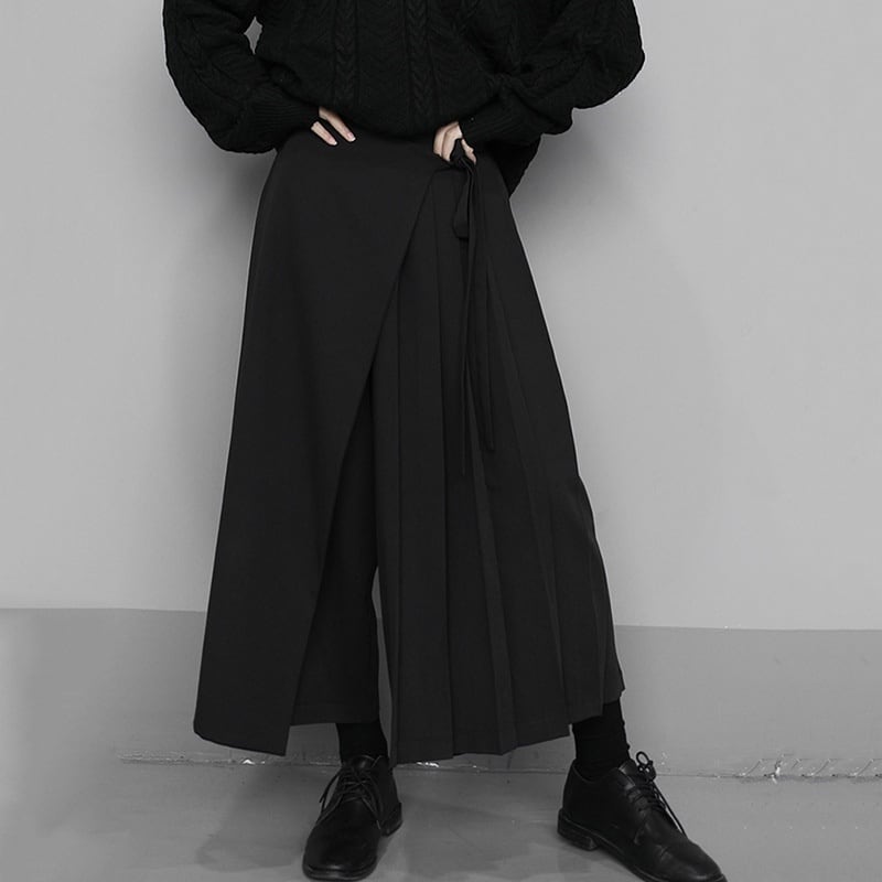 BLACK ASYMMETRIC DESIGN PLEATS WIDE LEG PANTS 1color M-7754