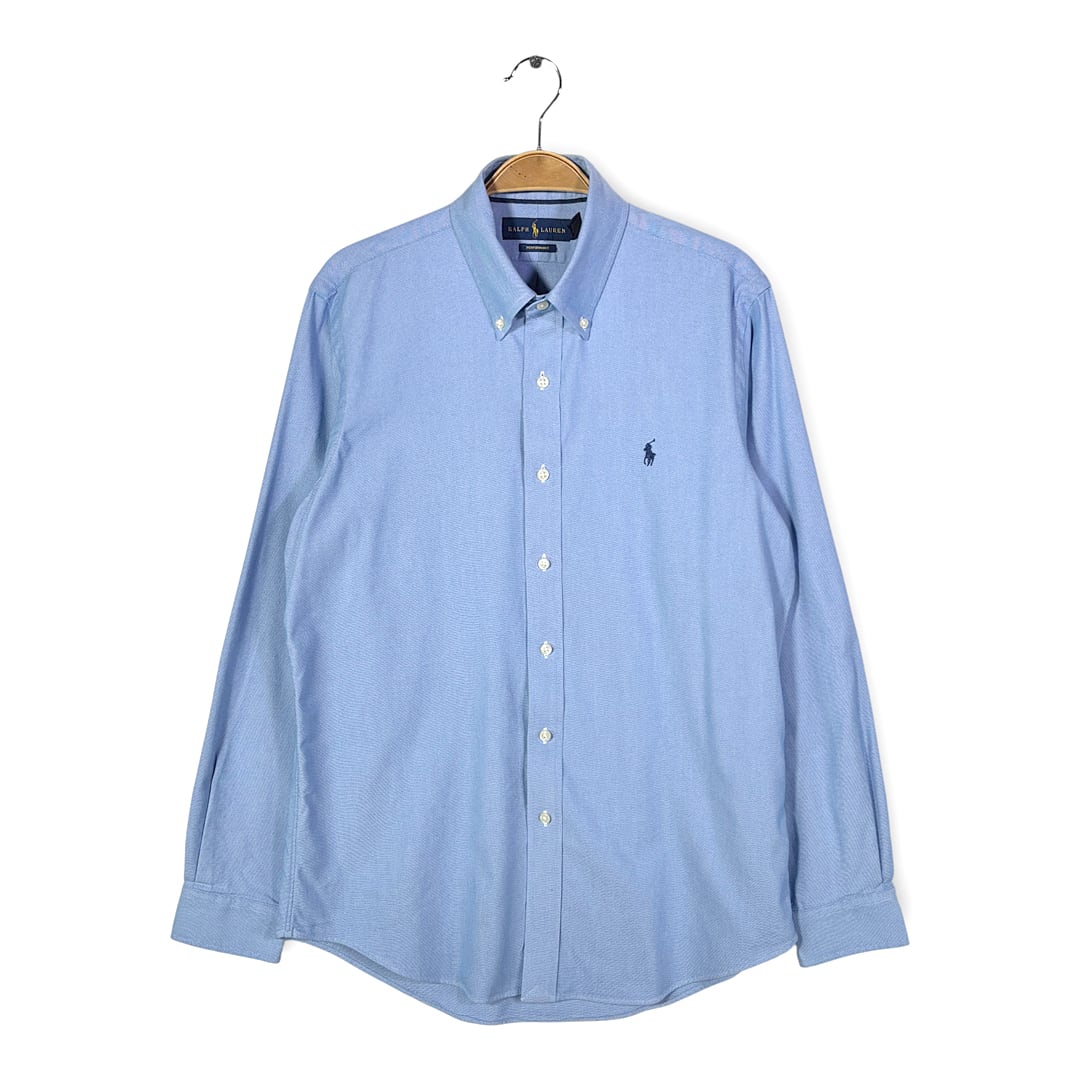 ラルフローレン オックスフォードシャツ ボタンダウン ライトブルー ワンポイントロゴ 長袖シャツ RALPH LAUREN サイズM 古着 CA1540