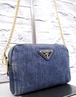 ◆ PRADA プラダ CANAPA カナパ クロスボディ チェーンストラップ ダメージ加工 デニム ショルダー カメラ バッグ ポーチ ポシェット 青x金