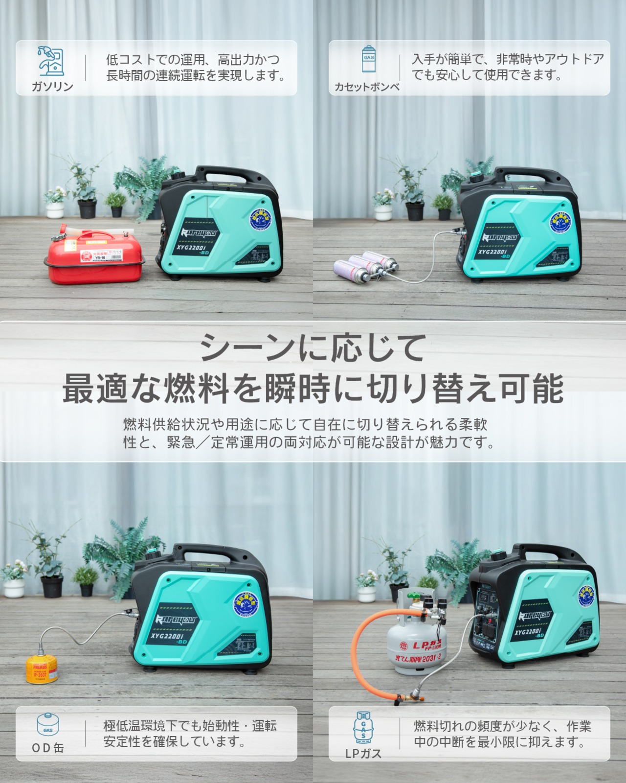 Kareyouカセットボンベ式発電機 ガス・ガソリン両用インバーター発電機最大出力2.2kVA軽量 家庭用 超低騒音型ポータブル発電機 OD/CB缶/プロパンガス/ガソリン４種類使用可能50/60Hz切替 並列運転 デジタルメーター点検機能/安全機能搭載キャンプ DIY キッチンカー 移動販売 イベント 農作業 建設作業 災害時に大活躍XYG2200i-BD