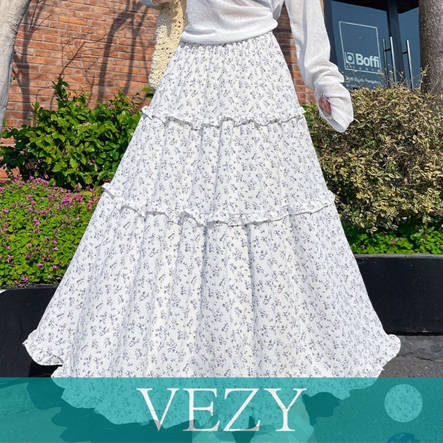 フリルティアード 小花柄 ロングスカート ティアードスカート きれいめ 体型カバースカート着やせ 大人可愛い新作ハイウエストスカート 裏地付きスカート ボトムス VEZY ベジー  ItemNo.【23096339】