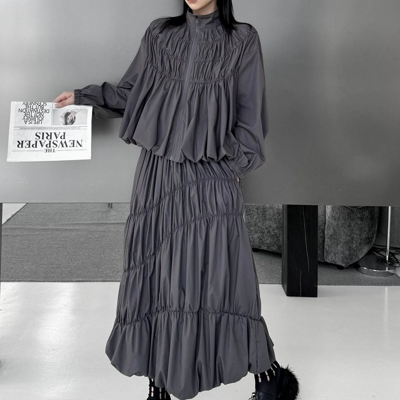 SOLID PLEATS LANTERN FULLZIP JACKET & MIDI SKIRT 2colors M-16075