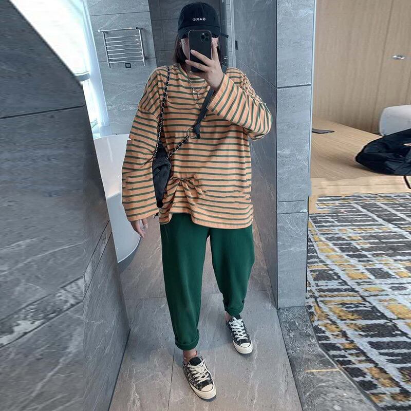 プラスサイズレディースウェア2020秋の新しいファットmm年齢の削減と薄いストライプの長袖Tシャツウエスタンスタイルの腹脂肪ブラウス ミックスインファッション65828617892