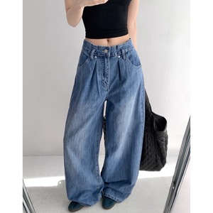 denim fabric high-waisted wide-leg pants la1977