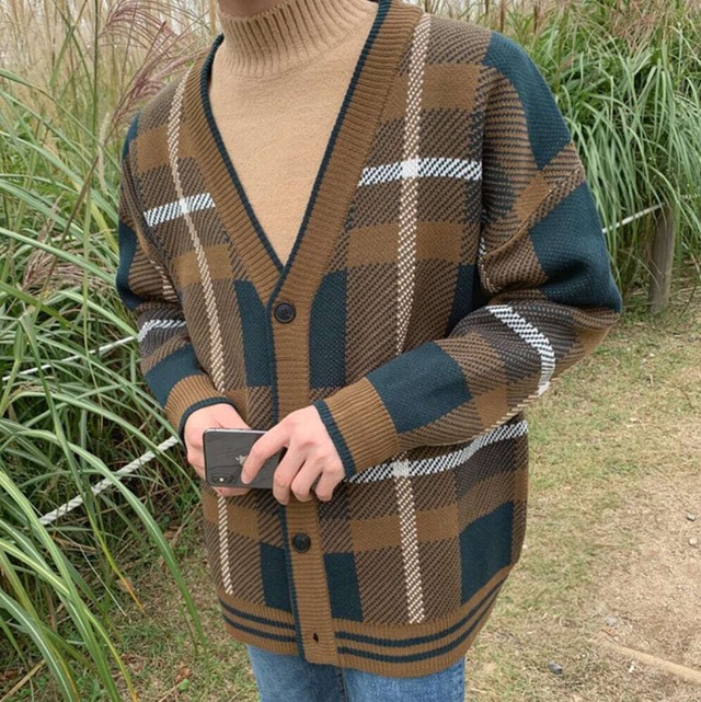 チェック柄 ニットカーディガン 前ボタン トップス セーター メンズファッション 韓国