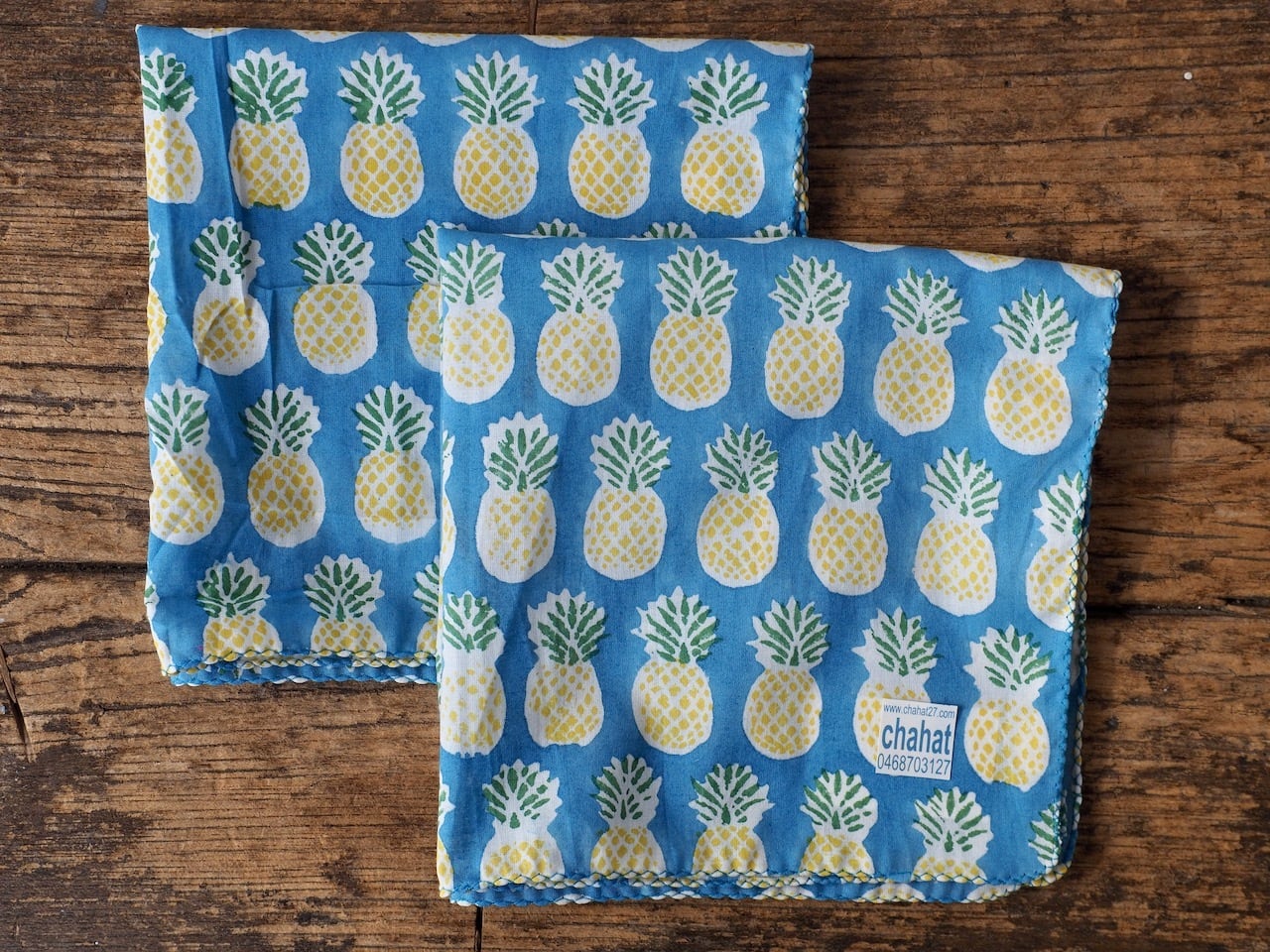 156ri049 Block Print Handkerchief b69 pine blue