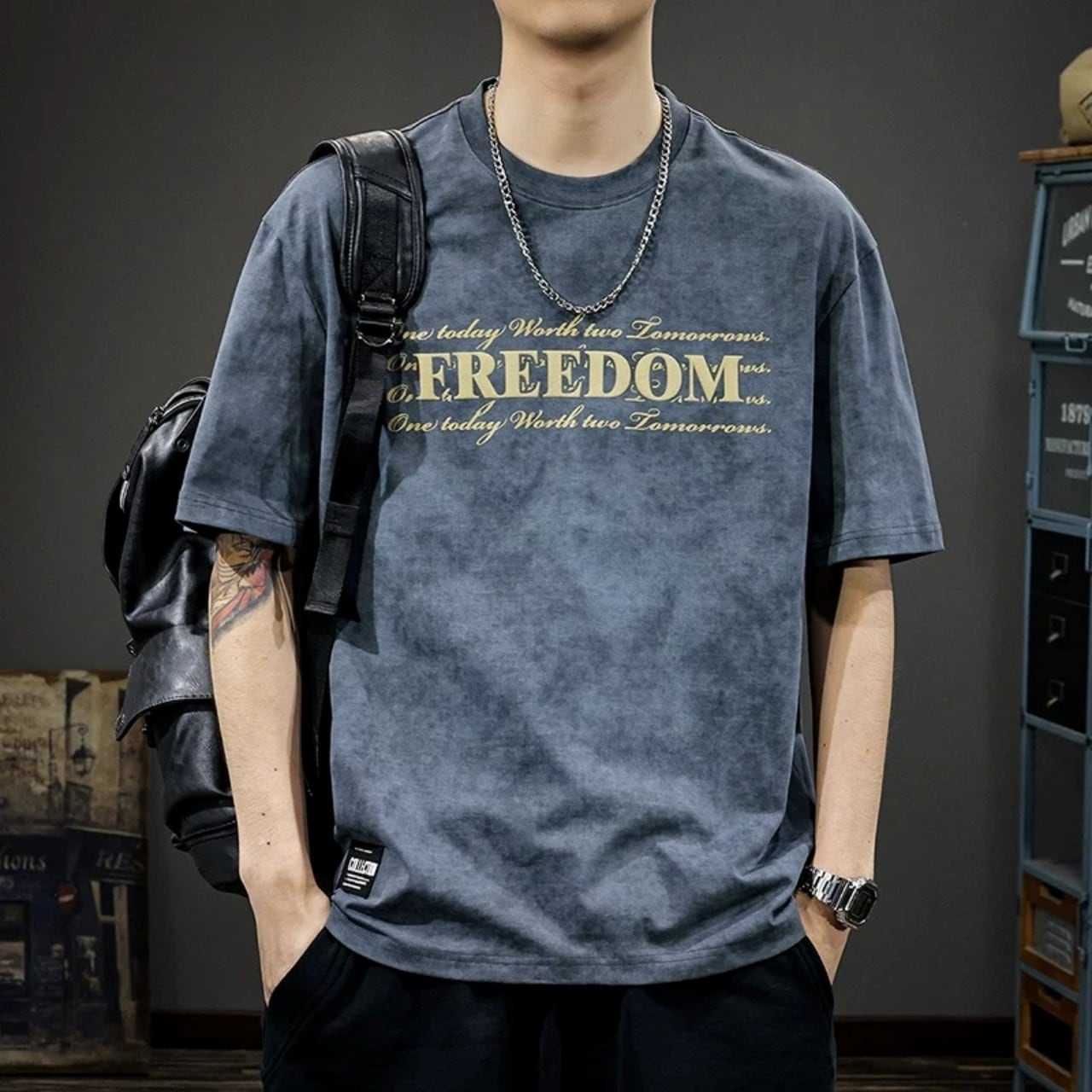 ケミカルウォッシュレタリンググラフィックルーズフォルムTシャツ 4col A00245