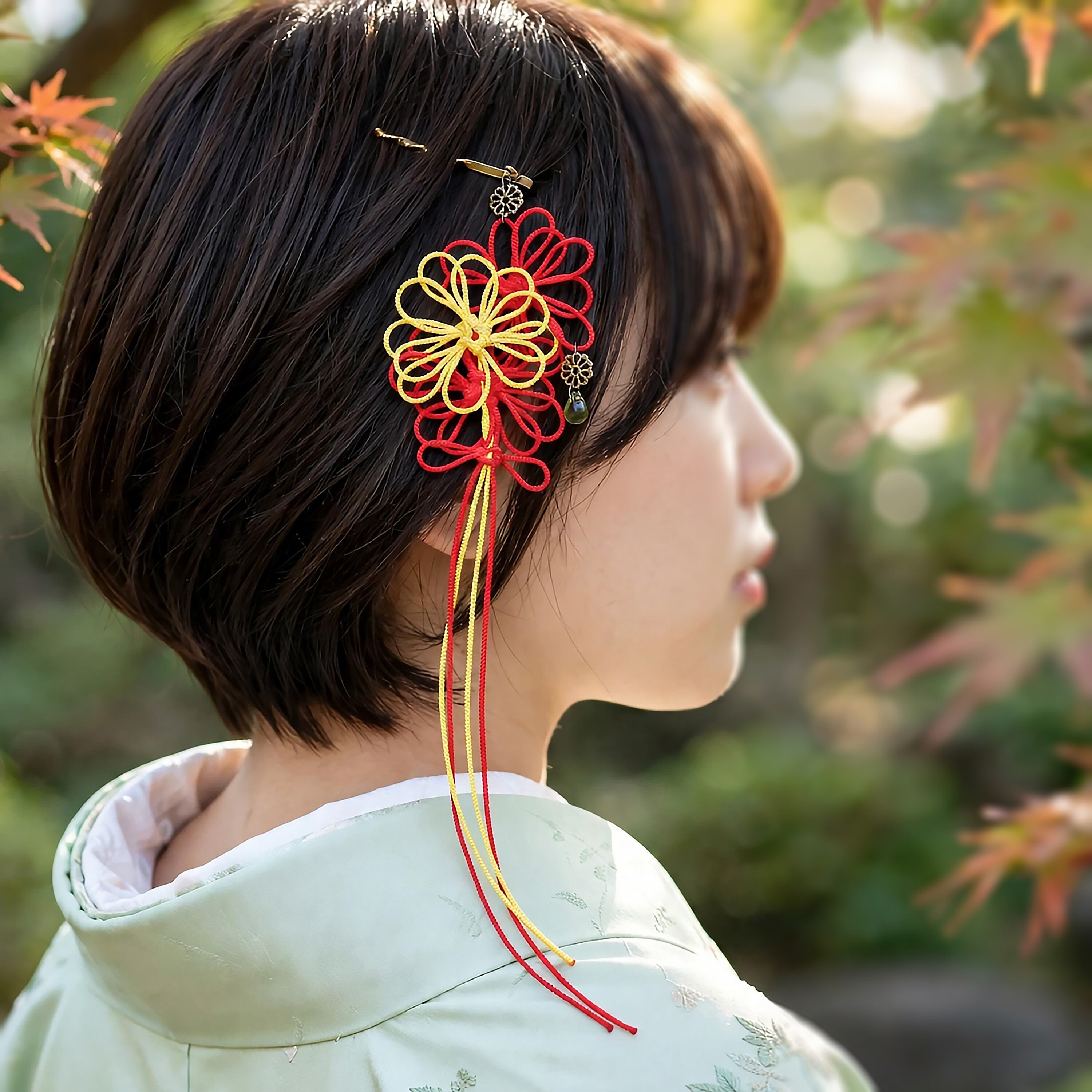 飾り結びヘアピン「香の詩、千々に」(黄×朱)【軽量快適】ショートヘアも簡単和風アレンジ。