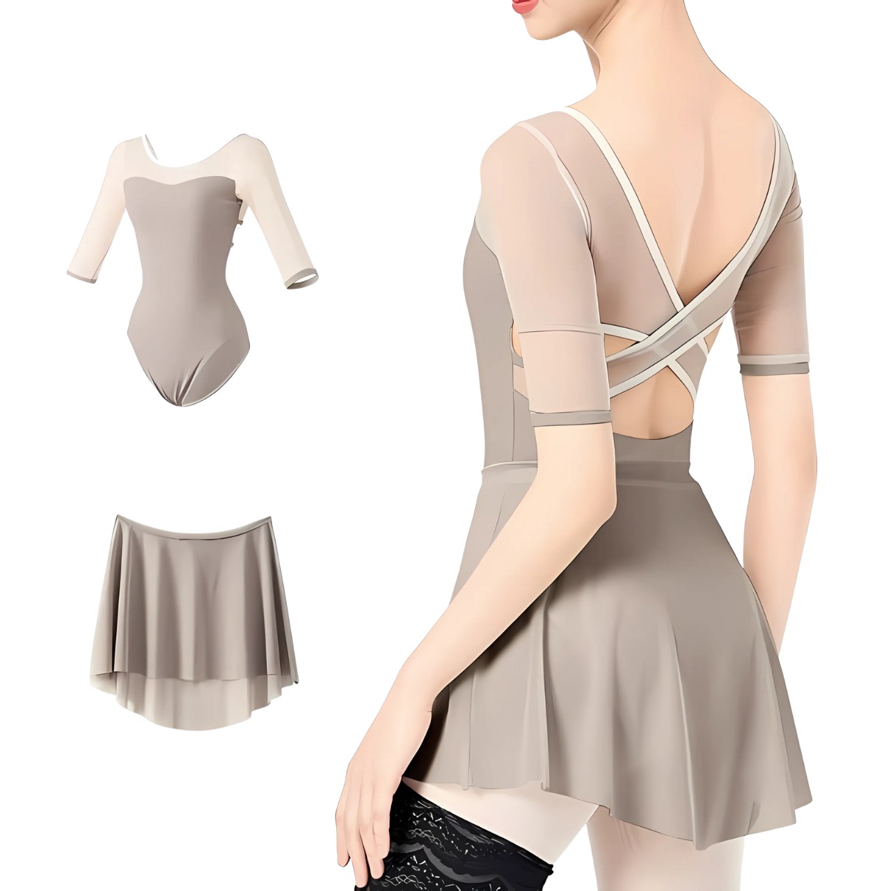 クロワゼメッシュ スリーブ ビスチェレオタード スカートセット 4色展開 L1160