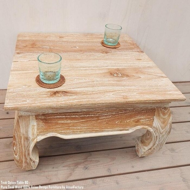 チーク無垢材 オピウムテーブル 60cm×60cm WW ホワイトウォッシュ ちゃぶ台 ローテーブル アジアン家具 正方形テーブル