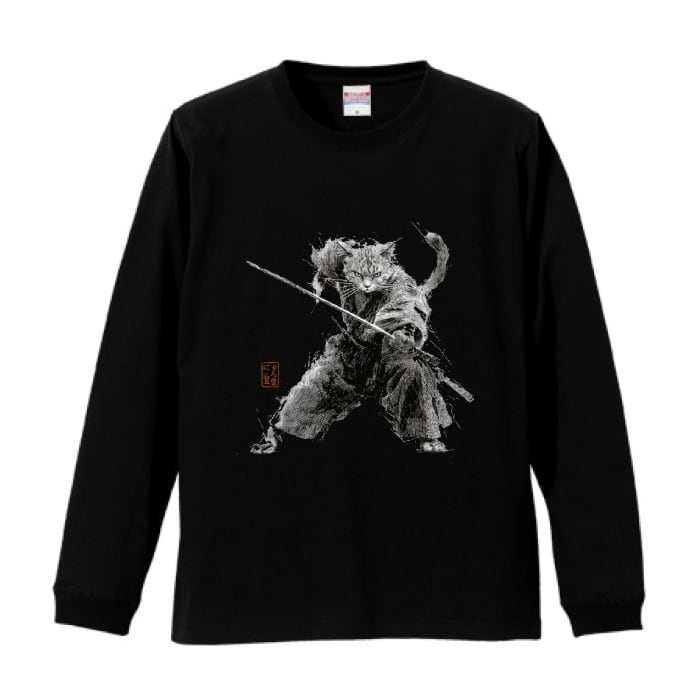 「斬り結ぶ猫 ― 江戸墨線アート」長袖Tシャツ リブ付 /""Cat Fighting - Edo Ink Line Japanese Art Apparel Rib
