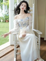 【0090】2way Off Shoulder Chiffon Long Sleeve Dress