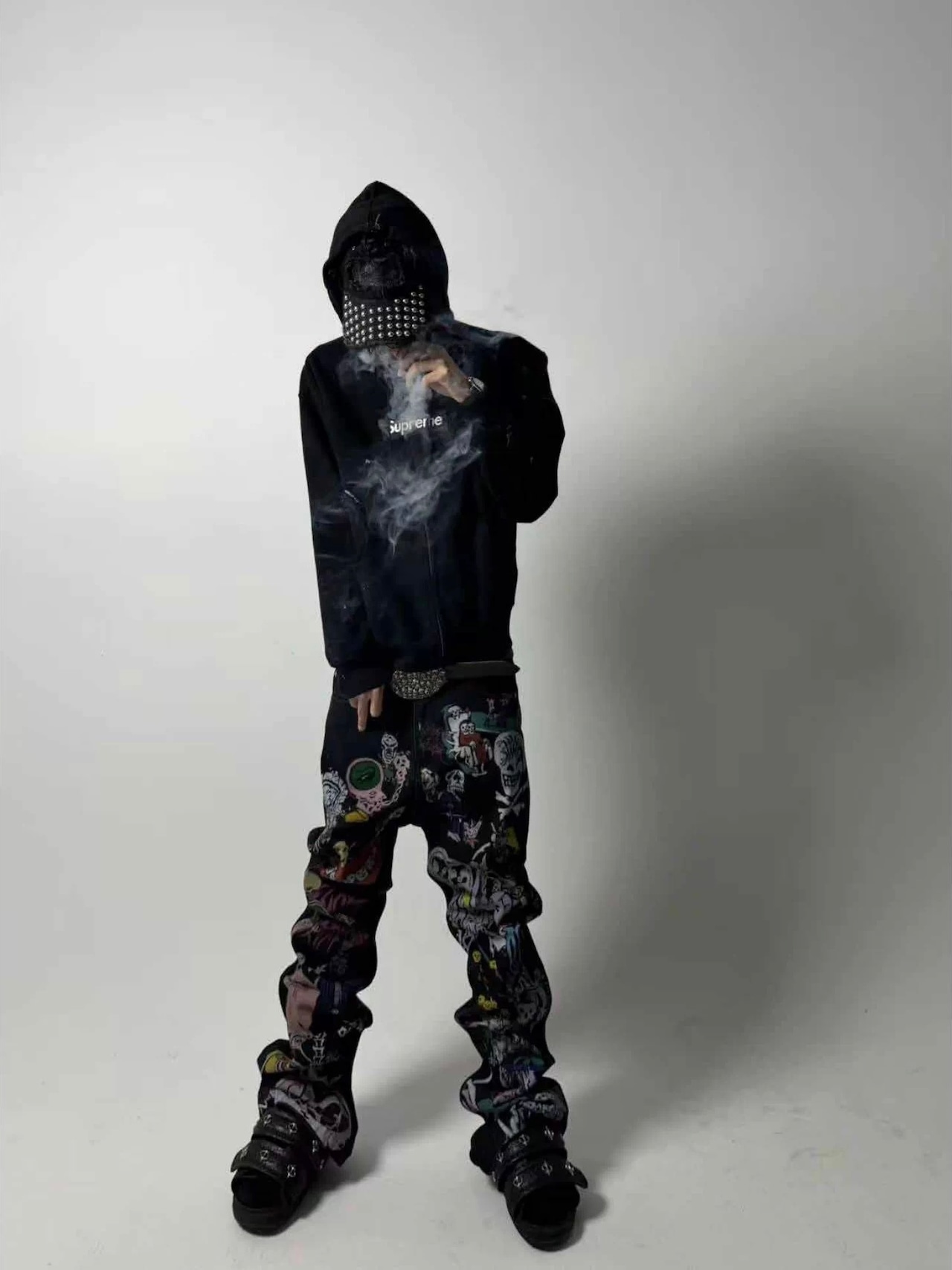 【CinderVein】Demon Skull Graffiti Print Flare Denim Pants