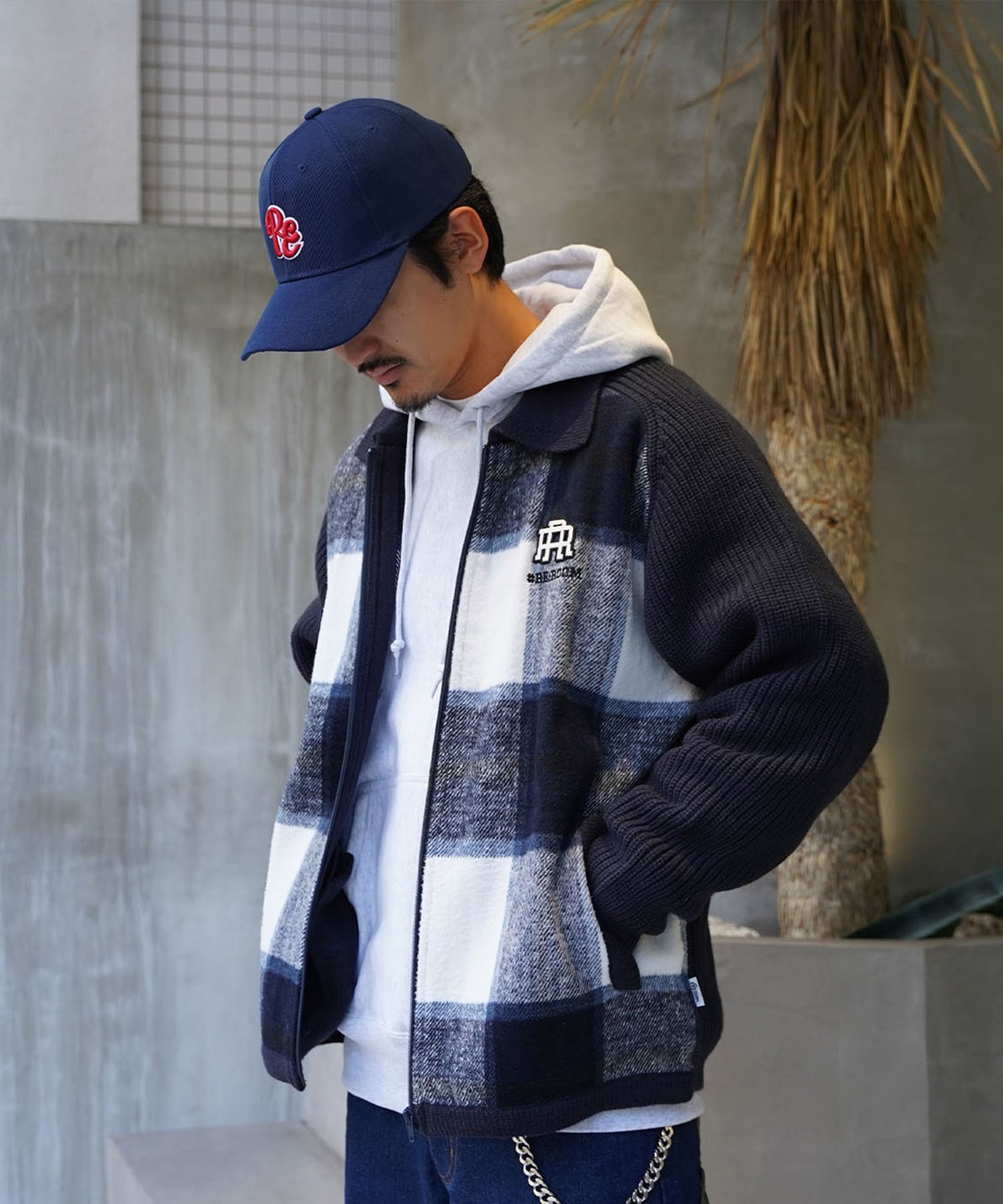 Re:room】WOOL CHECK SWITCHING ZIP UP KNIT JACKET［REK132］ | #Re 